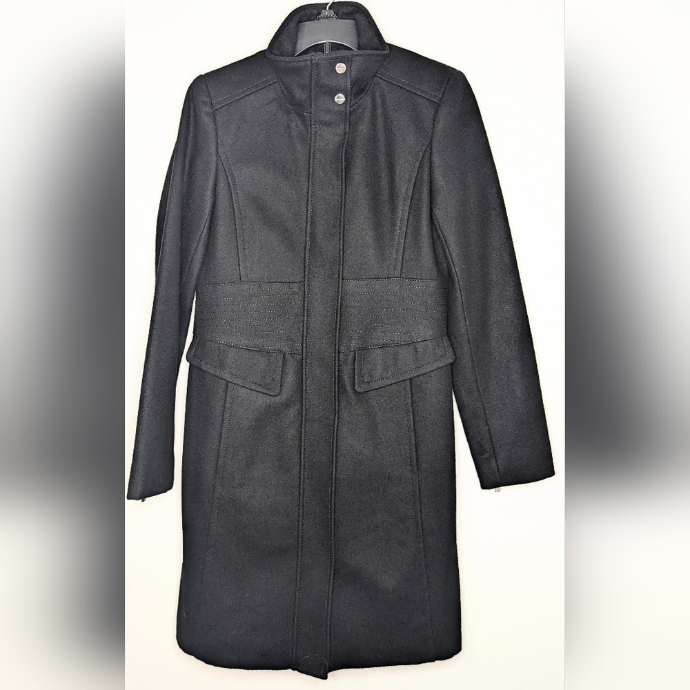 Stunning Kenneth Cole NY Black Stand Collar Wool Blend Walker Coat - Picture 2 of 11